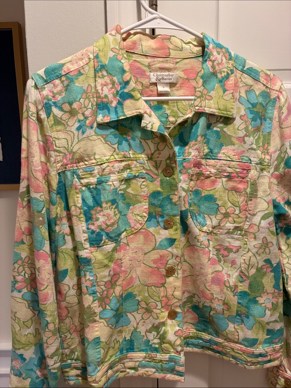Christopher & Banks Pastel Floral Button-Down Jacket - Pink, Blue, Green